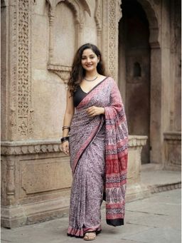 Anjaneya Sarees - WomenPurple Linen Printed Saree with Unstitched Blouse