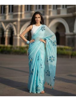 Anjaneya Sarees - Women Blue Linen Floral Saree with Unstitched Blouse