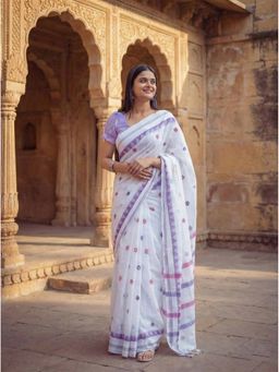 Anjaneya Sarees - Women White Linen Printed Saree with Unstitched Blouse
