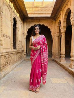 Anjaneya Sarees - Women Pink Linen Printed Saree with Unstitched Blouse