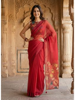 Anjaneya Sarees - Women Red Linen Floral Saree with Unstitched Blouse