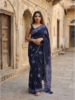 Anjaneya Sarees - Women Blue Linen Printed Saree with Unstitched Blouse