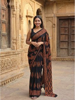 Anjaneya Sarees - Women Brown Linen Printed Saree with Unstitched Blouse