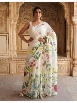 Anjaneya Sarees - Women White Linen Floral Saree with Unstitched Blouse