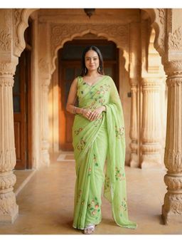 Anjaneya Sarees - Women Linen Floral Saree with Unstitched Blouse