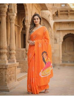 Anjaneya Sarees - Women Orange Linen Printed Saree with Unstitched Blouse