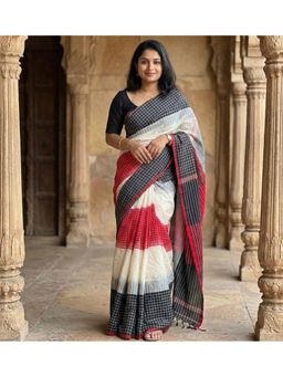Anjaneya Sarees - Women White Linen Checks Saree with Unstitched Blouse