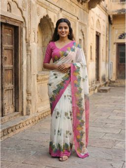 Anjaneya Sarees - White Women Linen Floral Saree with Unstitched Blouse