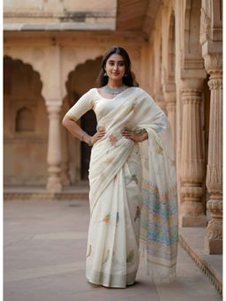 Anjaneya Sarees - White Women Linen Printed Saree with Unstitched Blouse