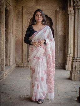 Anjaneya Sarees - Women White Linen Printed Tassel Saree with Unstitched Blouse