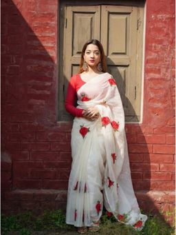 Anjaneya Sarees - White Women Linen Floral Saree with Unstitched Blouse