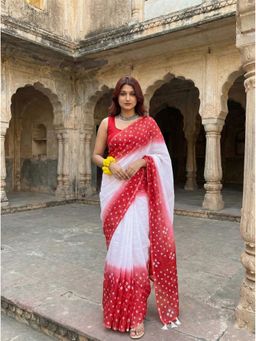Anjaneya Sarees - Women White Linen Printed Tassel Saree with Unstitched Blouse