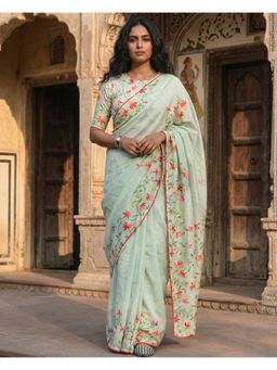 Anjaneya Sarees - Green Women Linen Floral Saree with Unstitched Blouse