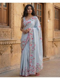 Anjaneya Sarees - Women Grey Linen Floral Saree with Unstitched Blouse