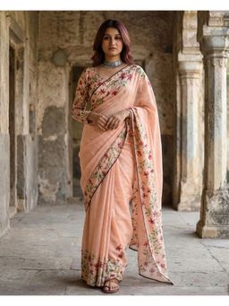 Anjaneya Sarees - Women Peach Linen Floral Saree with Unstitched Blouse