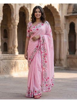 Anjaneya Sarees - Women Pink Linen Floral Saree with Unstitched Blouse