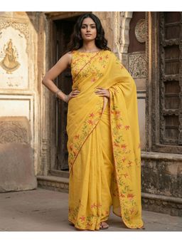Anjaneya Sarees - Women Yellow Linen Floral Saree with Unstitched Blouse