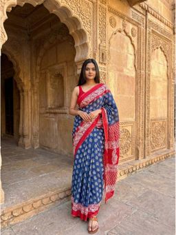 Anjaneya Sarees - Women Blue Linen Printed Saree with Unstitched Blouse