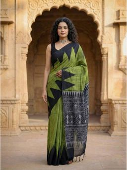 Anjaneya Sarees - Women Green Linen Printed Saree with Unstitched Blouse