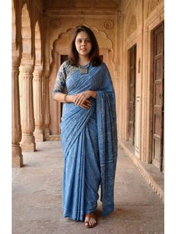 Anjaneya Sarees - Women Blue Linen Geometric Saree with Unstitched Blouse