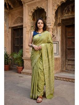 Anjaneya Sarees - Women Green Linen Geometric Saree with Unstitched Blouse