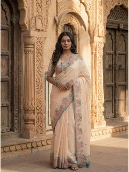 AMRUTKALA SAREES - Womens Beige Linen Printed Saree with Unstitched Blouse