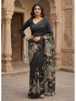 AMRUTKALA SAREES - Women Black Linen Floral Printed Saree with Unstitched Blouse