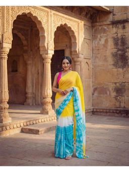 AMRUTKALA SAREES - Women Yellow Linen Tie and Dye Printed Saree with Unstitched Blouse