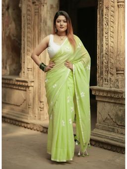 AMRUTKALA SAREES - Women Green Linen Floral Printed Saree with Unstitched Blouse