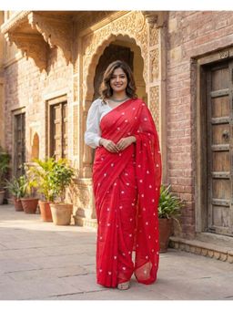 AMRUTKALA SAREES - Womens Red Linen Printed Saree with Unstitched Blouse