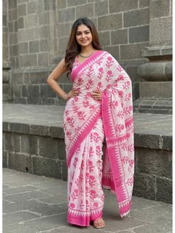 AMRUTKALA SAREES - Womens White Linen Floral Printed Saree with Unstitched Blouse