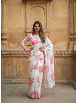 AMRUTKALA SAREES - Womens White Linen Floral Saree with Unstitched Blouse