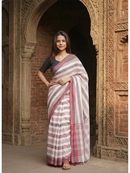 AMRUTKALA SAREES - Women White Tassels Linen Stripes Printed Saree with Unstitched Blouse