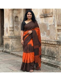 AMRUTKALA SAREES - Women Black Linen Checks Saree with Unstitched Blouse