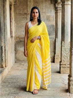 AMRUTKALA SAREES - Women Yellow Linen Stripes Saree with Unstitched Blouse
