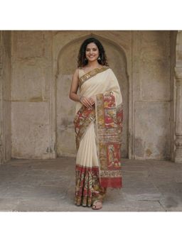 AMRUTKALA SAREES - Women Beige Tassel Linen Printed Saree with Unstitched Blouse