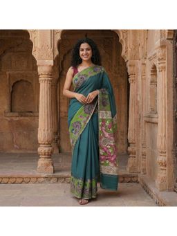 AMRUTKALA SAREES - Womens Green Linen Floral Saree with Unstitched Blouse