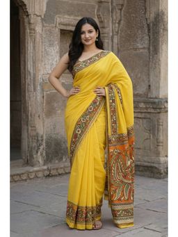 AMRUTKALA SAREES - Women Yellow Linen Floral Saree with Unstitched Blouse