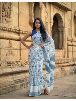 AMRUTKALA SAREES - Women Blue Linen Floral Saree with Unstitched Blouse