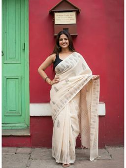 AMRUTKALA SAREES - Beige Women Linen Printed Saree with Unstitched Blouse