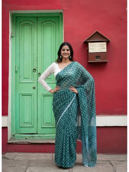 AMRUTKALA SAREES - Green Women Linen Printed Saree with Unstitched Blouse