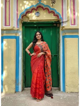 AMRUTKALA SAREES - Women Red Linen Floral Saree with Unstitched Blouse