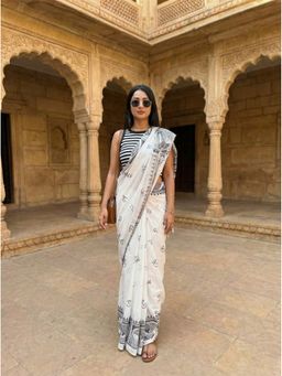 AMRUTKALA SAREES - Women White Linen Typography Saree with Unstitched Blouse