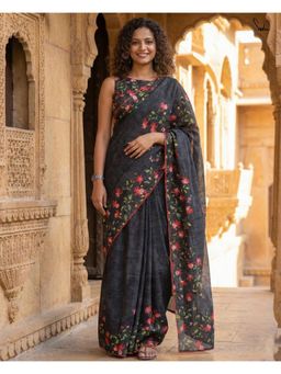 AMRUTKALA SAREES - Women Black Linen Floral Saree with Unstitched Blouse