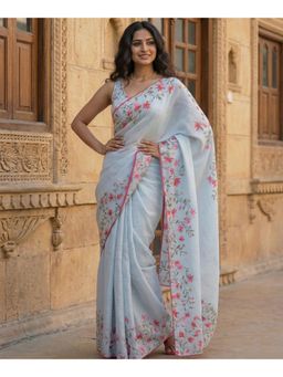 AMRUTKALA SAREES - Women Grey Linen Floral Saree with Unstitched Blouse