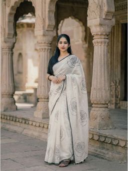 AMRUTKALA SAREES - White Tassels Linen Floral Printed Saree with Unstitched Blouse
