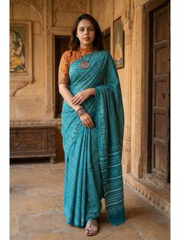 AMRUTKALA SAREES - Women Teal Linen Geometric Saree with Unstitched Blouse