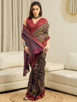 Sareemall - Women Bhagalpuri Silk Olive Printed Ready to Wear With Unstitched Blouse