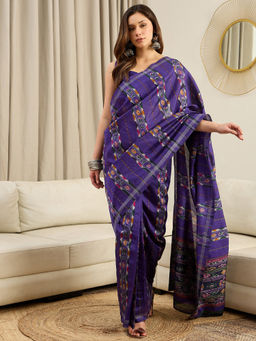 Sareemall - Women Bhagalpuri Silk Purple Printed Ready to Wear With Unstitched Blouse