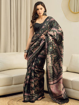 Sareemall - Women Bhagalpuri Silk Black Printed Ready to Wear With Unstitched Blouse